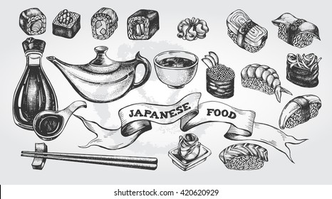 Hand drawn set of Japanese food. Sushi (nigiri, gunkan), soy sauce, rolls, pickled ginger, wasabi, tea, chopsticks. Vector illustration. Menu or signboard template for restaurant of Japanese cuisine.