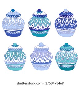 Jares dibujados a mano con tapas con adornos orientales en colores azules