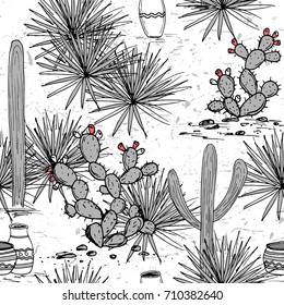 Hand drawn set with jars, saguaro, blue agave, and and prickly pear. Latin American background. Mexican landscape Vector illustration.