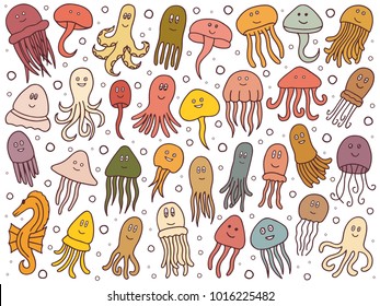 hand drawn set with jellyfish and octopus
