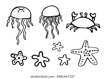 Hand drawn set of jellyfish and starfish icons in Scandinavian style. Underwater ocean fauna. Abstract floating sea creatures. Vector illustration isolated on a white background. Undersea world.