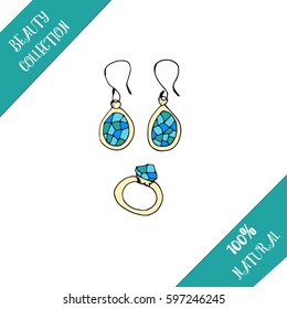 Hand drawn set of jewellery items. Women accessories: earrings and ring. Vector illustration.