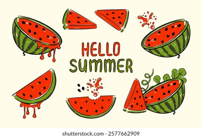 Hand drawn set of juicy watermelons, sliced and splashes. Hello summer collection vector illustration