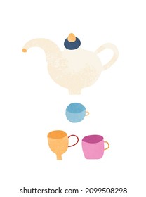 Hand drawn set of kettle and cups. Modern vector illustration isolated on white background. 