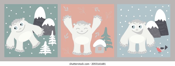 Conjunto de ilustraciones creativas dibujadas a mano de niños con un estilo mínimo plano con yeti de pie grande. Dibujo artístico mural con animales lindos. Para una postal, cartel, decoración de una habitación para niños.