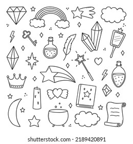 Hand Drawn Set Of Kids Magic And Fantasy Doodle. Magic Items: Rainbow, Crystal, Mirror, Stars In Sketch Style. Vector Illustration Isolated On White Background