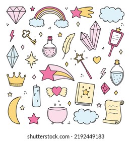 Hand drawn set of kids magic and fantasy doodle. Magic items: rainbow, crystal, mirror, stars in sketch style. Vector illustration isolated on white background