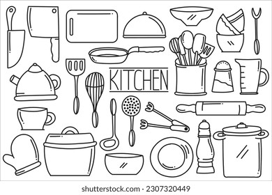 Hand drawn set of kitchen doodle. cooking utensil doodle. kitchen tools. baking tools. tableware 