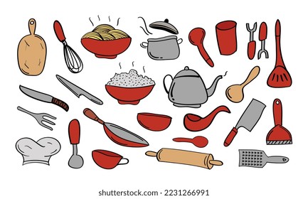 hand drawn set kitchen icon in doodle