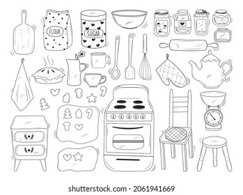Hand drawn set of kitchen items in retro style. Black line doodle vector of cute baking tools: flour, scales, rolling pin, dough, whisk, stove, jar. Sketch illustration of vintage kitchenware