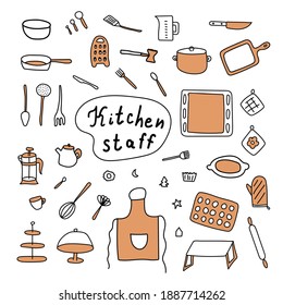 Hand drawn set of Kitchen tools vector illustration. Doodle ware.
