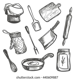 Hand drawn Set of kitchen tools. Isolated vector illustration for identity, design, menu, decoration, packages product and interior decoration