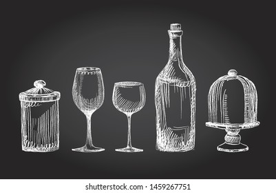 Hand drawn set of kitchen utensils graphic symbols on a chalkboard, hand drawn graphic illustration