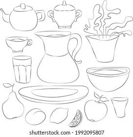 Hand drawn set of kitchen utensils and fruits. Monochrome vector illustration.