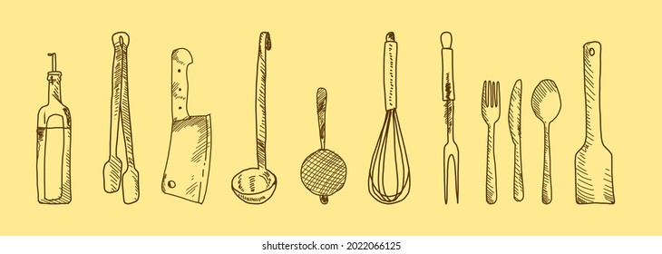 Juego de utensilios de cocina a mano en una pizarra. Elementos, dibujo.  Vector fácil de editar. EPS 10.
