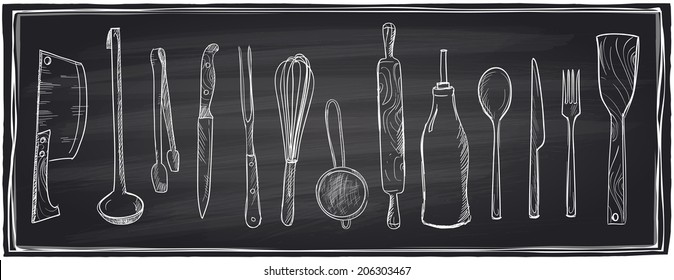 Hand drawn set of kitchen utensils on a chalkboard background. Eps10 
