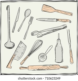 Hand drawn set of kitchen utensils graphic symbols