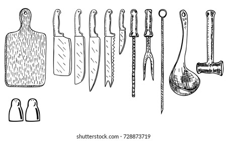 Hand drawn set of kitchen utensils. Sketch.