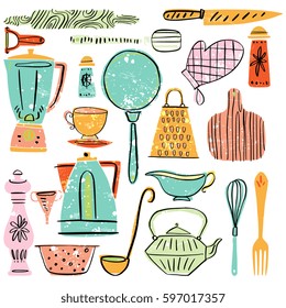 Hand drawn Set of kitchenware and utensils vector illustrations in bright modern hand drawn style with organic texture isolated on background. Elements for design.
