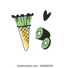 Hand drawn set of kiwi and ice cream. Vector artistic drawing food. Summer fashion illustration