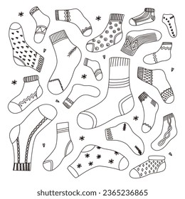 Hand drawn set of knitted socks with different patterns and sizes. Warm clothes. Doodles. Cozy autumn and winter vector illustration