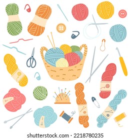 Hand drawn set of knitting accessories. Vector illustration of yarn, pins, buttons, thread, needles, crochet, spool pincushion scissors