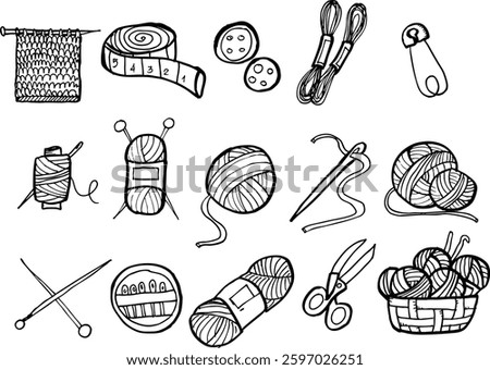 Hand drawn set of Knitting sewing symbols,Doodle vector illustration