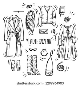 Hand drawn set of ladies wear sketches: dress, coat, knitted jacket, bag, scarf, gloves, boots and accessories. Vector isolated outline on white background