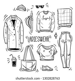 Hand drawn set of ladies wear sketches: t-shirt, overcoat, sweatshirt, bag, scarf, jeans, boots and accessories. Vector isolated outline on white background