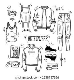 Hand drawn set of ladies wear sketches: tank top, bomber jacket, hoodie, bag, backpack, jeans, shoes and accessories. Vector isolated outline on white background