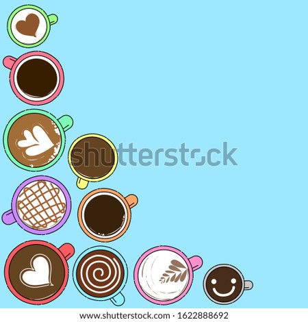 Hand drawn set of latte art coffee on blue background, Top view with copy space, Cartoon doodle style.
