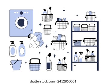 Hand drawn set of laundry items in doodle style.Spring home clean. Vector line doodle Illustration for background, poster, frame.