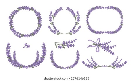 Hand drawn set lavender wreaths, bouquet, frames and borders arrangements for decoration and design elements