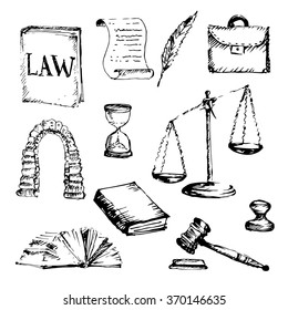 Hand drawn set of law and justice symbols. Vector sketch illustration.