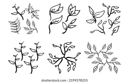 hand drawn set of leaf icons in doodle style
