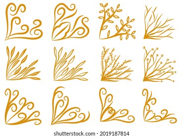 Hand Drawn Set of Leaves Corner Borders
