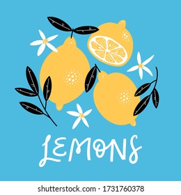 Hand drawn set with lemons, leaves, flowers and handwritten lettering. Vector illustration.