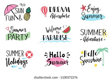 Hand drawn set of lettering text: hello summer, beach party, summer holidays, dream adventure, sweet summer, summer time etc. Vector illustration for icon, party banner, labels design.