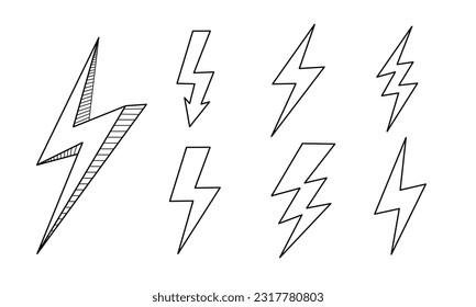 Hand drawn set of Lightning bolt electricity warning signs. Doodle sketch style of electric lightning bolt icon. vector illustration