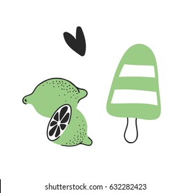 Hand drawn set of lime and  ice cream. Vector artistic drawing food. Summer fashion illustration