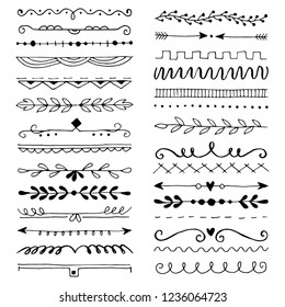 Hand drawn set of line border with different elements: floral ornaments, leaf, text divider. Vector illustration for your card or banner design. Doodle sketch style. Border elements drawn by brush-pen