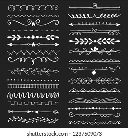 Hand drawn set of line border with different elements: floral ornaments, leaf, text divider. Vector illustration for your card or banner design. Doodle sketch style. Border elements drawn by brush-pen