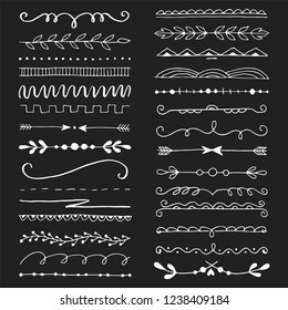 Hand drawn set of line border with different elements: floral ornaments, leaf, text divider. Vector illustration for your card or banner design. Doodle sketch style. Border elements drawn by brush-pen