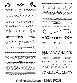 Hand drawn set of line border with different elements: floral ornaments, leaf, text divider. Vector illustration for your card or banner design. Doodle sketch style. Border elements drawn by brush-pen