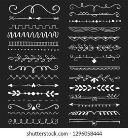 Hand drawn set of line border with different elements: floral ornaments, leaf, text divider. Vector illustration for your card or banner design. Doodle sketch style. Border elements drawn by brush-pen