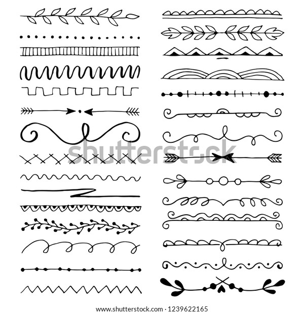 Hand drawn set of line border with different\
elements: floral ornaments, leaf, text divider. Vector illustration\
for your card or banner design. Doodle sketch style. Border\
elements drawn by\
brush-pen