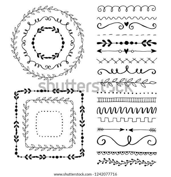 Hand drawn set of line border with different\
elements: floral ornaments, leaf, text divider. Vector illustration\
for your card or banner design. Doodle sketch style. Border\
elements drawn by\
brush-pen