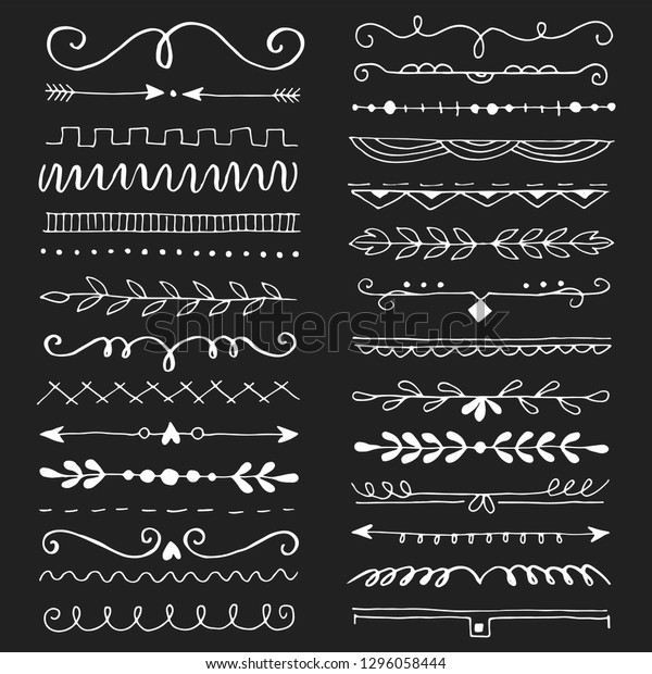 Hand drawn set of line border with different
elements: floral ornaments, leaf, text divider. Vector illustration
for your card or banner design. Doodle sketch style. Border
elements drawn by
brush-pen