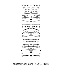 hand drawn set of line border,dividers with different elements:leaf ornaments,heart,arrow text dividers.Vector illustration for your card or banner design.Doodle sketch style.Drawn by brush-pen.