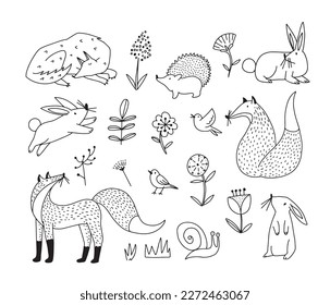 Hand drawn set with line design forest animals and plants, isolated vector illustration in doddle style